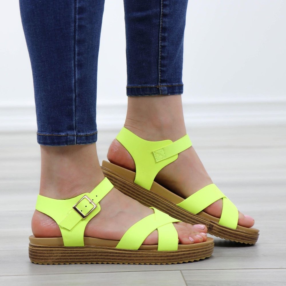 Neon Green Strappy Comfort Sandals Faux Nubuck - Picture 3 of 13